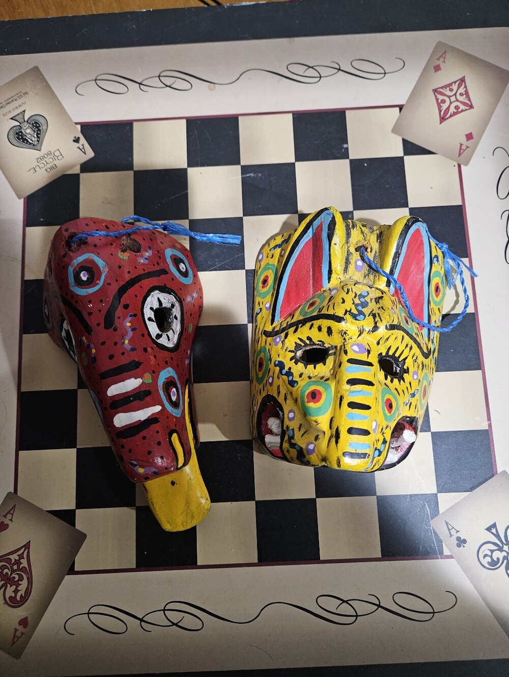 2 Handmade Guatemalan Folk Masks Red And Yellow